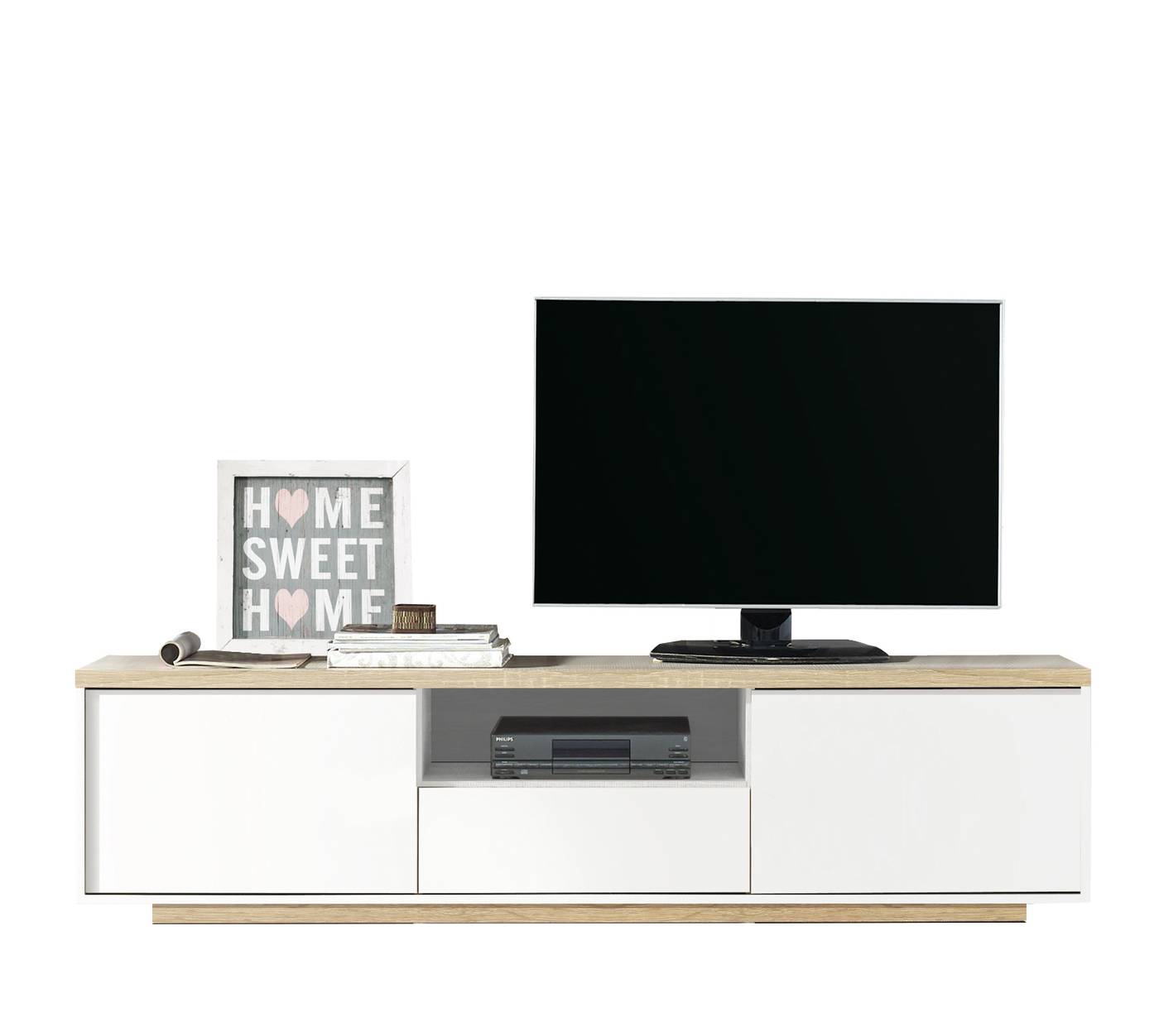 Mueble de TV de 2 puertas y 1 cajón. Acabado color Blanco combinado con Cambrian